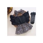 Mars Baby Kız Bebek Leopar Desenli Fırfırlı Salopet Bandana Siyah File Çorap Takım