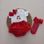 MARS BABY Kız Bebek Ponpon Kiraz Fırfır Şort Etek Bodyli Kırmızı File Takımı