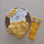 Mars Baby Kız Bebek Sarı Gökkuşaklı Fırfır Şort Etek Bodyli Çorap Takımı - 1 - 2 Yaş