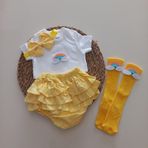 MARS BABY Kız Bebek Sarı Gökkuşaklı Fırfır Şort Etek Bodyli Çorap Takımı