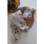 MARS BABY Kız Erkek Unisex Bebek Çocuk Bej Kırmızı Ponpon Kiraz Figürlü Ponponlu Atkı Bere Takımı