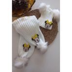 MARS BABY Kız Erkek Unisex Bebek Çocuk Ekru Krem Sarı Mickey Minnie Mouse Figürlü Ponponlu Atkı Bere