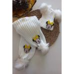 Mars Baby Kiz Erkek Unisex Bebek Cocuk Krem Sari Minnie Figurlu Ponponlu Atki Bere Takimi