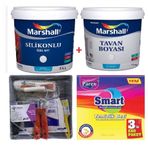 Marshall Alşam Sefası 2.5 lt Silikonlu Özel Mat Silinebilir Duvar Boyası Marshall 3.5 kg Tavan Boyası ve İzmir Fırça Duvar Boyama Seti