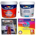 Marshall Gelin Teli 2.5 lt Silikonlu SilPak Leke Tutmaz Duvar Boyası Marshall 3.5 kg Tavan Boyası ve İzmir Fırça Duvar Boyama Seti