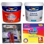 Marshall Islak Kum 2.5 lt Silikonlu SilPak Leke Tutmaz Duvar Boyası Marshall 3.5 kg Tavan Boyası ve İzmir Fırça Duvar Boyama Seti