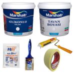 Marshall Kristal 2.5 lt SilPak Silikonlu Duvar Boyası Marshall 3.5 kg Tavan Boyası ve 4 Parça Boyama Seti