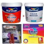 Marshall Yeni Kırık İnci 2.5 lt Silikonlu SilPak Leke Tutmaz Duvar Boyası Marshall 3.5 kg Tavan Boyası ve İzmir Fırça Duvar Boyama Seti