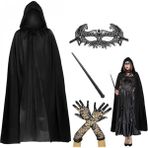 Marsilyan 120 cm Kapüşonlu Siyah Pelerin + Asa + Dantel Maske + Uzun Dantel Siyah Eldiven Kostüm Seti - Renkli - standart