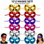 Marsilyan 12'li Metalik Venedik Toptan Parti Maskesi Seti – 6 Renk Karışık - Renkli - standart