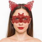 Marsilyan Ateş Kırmızısı Dantel Taç ve Maske Seti 10 No - Maskeli Balo & Özel Gün Seti - Renkli - standart