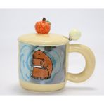 Marsilyan Capybara Desenli Kapaklı Kaşıklı Porselen Kupa Bardak