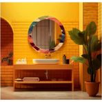 Marsilyan- Dekorarif Desenli Yuvarlak Banyo-Salon Duvar Aynası 2 - Renkli - 60 x 60