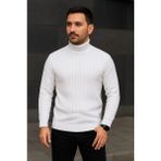Marsilyan Erkek Balıkcı Yaka Bağazlı Triko Kazak Pamuklu Kalın Fitilli Dokuma, Regular Fit Uzun Kollu Kı - Saks Mavisi - Beyaz - 2XL
