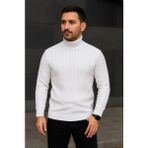 Marsilyan- Erkek Balıkcı Yaka Bağazlı Triko Kazak Pamuklu Kalın Fitilli Dokuma, Regular Fit Uzun Kollu Kışlık Model - Beyaz - Saks Mavisi - Beyaz - XL