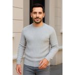 Marsilyan Erkek Bisiklet Yuvarlak Yaka Triko Kazak Pamuklu Kalın Fitilli Dokuma, Regular Fit Uzun Kollu Kış - Gri - 2XL