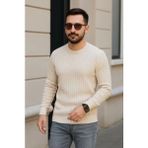 Marsilyan- Erkek Bisiklet Yuvarlak Yaka Triko Kazak Pamuklu Kalın Fitilli Dokuma, Regular Fit Uzun Kollu Kışlık Model - Bej - XL
