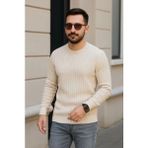 Marsilyan- Erkek Bisiklet Yuvarlak Yaka Triko Kazak Pamuklu Kalın Fitilli Dokuma, Regular Fit Uzun Kollu Kışlık Model - Bej