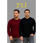 Marsilyan- Erkek Fitilli Triko Kazak 2’li Set – Siyah - Bordo, Kalın Dokuma Pamuklu Regular Fit Bisiklet Yaka Uzun Kollu Rahat Kışlık Kazak Kombini - 2XL