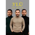 Marsilyan- Erkek Fitilli Triko Kazak 3lü Set Bej Haki Siyah Regular Balıkcı Yaka Tam Boğazlı Triko Seti Modeli Kazak - Çok Renkli