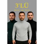 Marsilyan- Erkek Fitilli Triko Kazak 3lü Set Gri Haki Siyah Regular Balıkcı Yaka Tam Boğazlı Triko Seti Modeli Kazak - Çok Renkli - 2XL