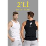 Marsilyan Erkek Spor Slimfit Fitilli Kaşkorse Arka Basklı Atlet 2'li Set Siyah-Beyaz - Çok Renkli