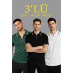 Marsilyan Erkek Triko Tişört Fermuarlı Polo Yaka Kısa Kol T-Shirt 3’lü Set Beyaz-Haki-Siyah - Çok Renkli