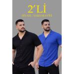 Marsilyan Erkek Waffle Kumaş Açık Yakalı Düğmeli Regular Fit Gömlek 2’li Set Siyah-Saks Mavisi - Çok Renkli
