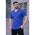 Marsilyan Erkek Waffle Kumaş Kısa Kollu Düğmeli Açık Yaka Regular Fit Gömlek - Saks Mavisi - 2XL