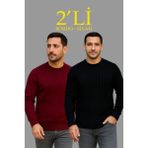 Marsilyan Fitilli Triko Kazak 2’li Set – Siyah Bordo, Kalın Dokuma Pamuklu Regular Fit Bisiklet Yaka Uzun Kollu Rahat Kışlık Kazak Kombini - Siyah - Bordo - 2XL