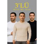Marsilyan Fitilli Triko Kazak 3’lü Set – Bej, Beyaz, Siyah | Kalın Dokuma Pamuklu Regular Fit Bisiklet Yaka Uzun Kollu Kışlık ve Baharlık Rahat Triko Kombini - Siyah - Beyaz - Bej - 2XL
