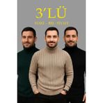 Marsilyan Fitilli Triko Kazak 3'lü Set Bej Haki Siyah Regular Balıkcı Yaka Tam Boğazlı Triko Seti Modeli Kazak - Çok Renkli - 2XL