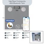 Marsilyan Gri Yağ Ölçer Akıllı Bluetooth Cam Baskül Pilli 180KG/50GR 28X28CM 8-Kişi Hafıza LCD Ekran