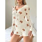 Marsilyan Kadın Bej Ayıcık Desenli Pijama Tulumu 5123 - Sarı