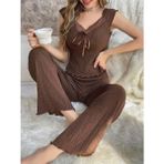 Marsilyan Kadın Kahverengi Kurdela Detaylı Yumuşak Pamuklu Uzun Pijama Takımı 5135 - S - M