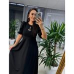 Marsilyan Kadın Kısa Kollu Bisiklet Yaka Fiyonk Broşlu Midi Janjan Krep Elbise - L - XL - Siyah