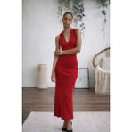 Marsilyan Kadın Kolsuz V Yakalı Uzun Triko Elbise - Kırmızı - 2XL - 3XL