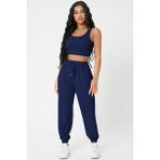 Marsilyan Kadın Lacivert Kaşkorse Cepli Jogger Eşofman Altı ve Crop Top Bluz - S - M