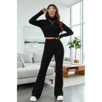 Marsilyan Kadın Siyah Boğazlı Crop Top Yüksek Bel Eşofman Takımı Spor Şık 2’li Set