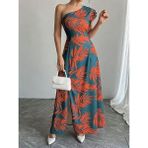 Marsilyan Kadın Tek Omuzlardan Açık Yırtmaçlı Uzun Desenli Elbise - Kırmızı - 2XL - 3XL