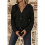 Marsilyan Kadın Uzun Kollu Kapşonlu Önü Düğmeli ve Bağcıklı Waffle Bluz - Siyah - 2XL - 3XL