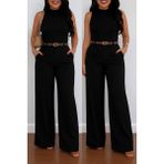 Marsilyan Kadın Yüksek Bel Geniş Paça Detaylı Cepli Ithal Krep Pantolon - Siyah - 2XL - 3XL
