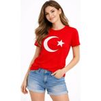 Marsilyan T-Shirt Kısa Kol Bisiklet Yaka Ay Yıldız Bayrak Baskılı Tişört - Kırmızı