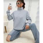 Marsilyan Unisex Uzun Kol Yarım Farmuarlı Yakalı Basic Sweatshirt - Gri - XL