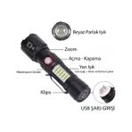 Marsilyan WS-2828 Ultra USB Şarjlı Polis El Feneri, Bekçi, Asker El Feneri Kırmızı Mavi Çakarlı 1000 L