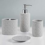 Martha Stewart Seramik Banyo Aksesuar Seti, Makyaj Dekoru Depolama Düzenleyici, Kabartmalı Damask Madalyonu, Losyon/Sabunluk, Diş Fırçası Tutacağı, Bardak, Biblo Tabağı, Çeşitli Boyutlarda Gri