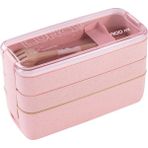 Maryun Mikrodalga Üç Katmanlı Öğle Yemeği Kutusu Buğday Samanı Çatal ve Kaşık Sofra Takımı ile Öğle Yemeği Kutusu (Yurt Dışından) - Pembe