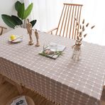 Masa örtüsü, vintage, boho, dikdörtgen kumaş, pamuk, keten, püsküllü tasarım, kırışmaz, yıkanabilir, tekrar kullanılabilir, mutfak, yemek masası dekorasyonu, açık kahverengi noktalar, 140 x 220 cm