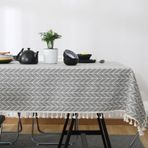 Masa örtüsü, vintage, boho, dikdörtgen kumaş, pamuk, keten, püsküllü tasarım, kırışmaz, yıkanabilir, tekrar kullanılabilir, mutfak, yemek masası dekorasyonu, gri karo 140 x 180 cm