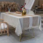 Masa örtüsü, vintage, boho, dikdörtgen kumaş, pamuk, keten, püsküllü tasarım, kırışmaz, yıkanabilir, tekrar kullanılabilir, mutfak, yemek masası dekorasyonu, kahve II 100 x 160 cm